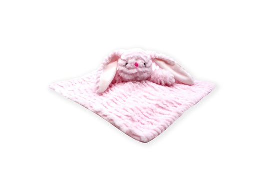 pink bunny security blanket, plush baby lovey girl, baby snuggle blankie, newborn bunny comforter, soft plush bunny blanket, pink infant lovey toy, boutique baby shower gift, bunny blankie comfort toy, baby girl security blankie, plush cuddle bunny gift
