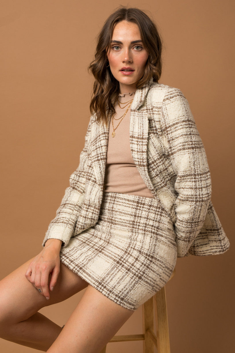 Cream-Brown Boucle Plaid Blazer w Skirt