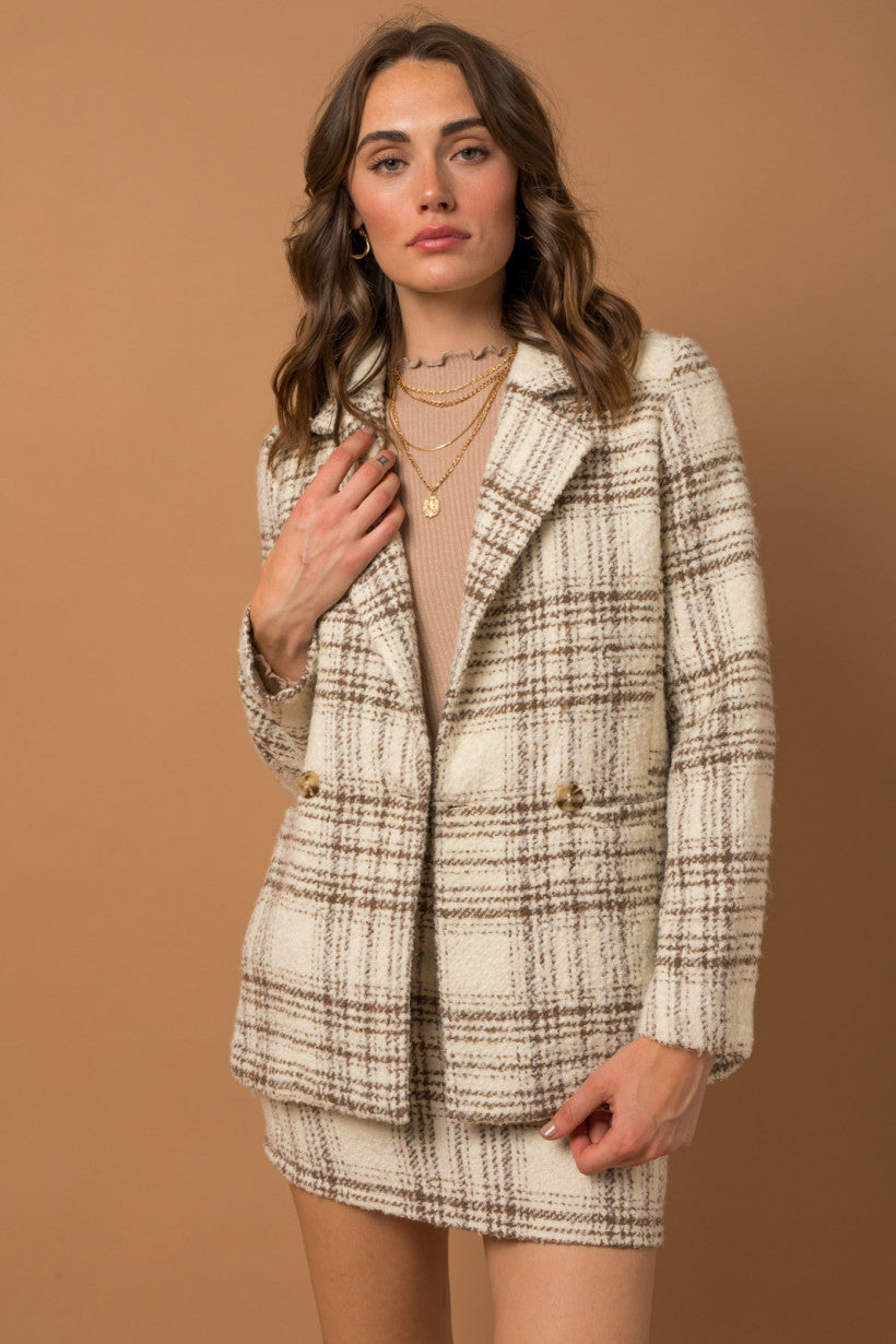 Cream-Brown Boucle Plaid Blazer w Skirt