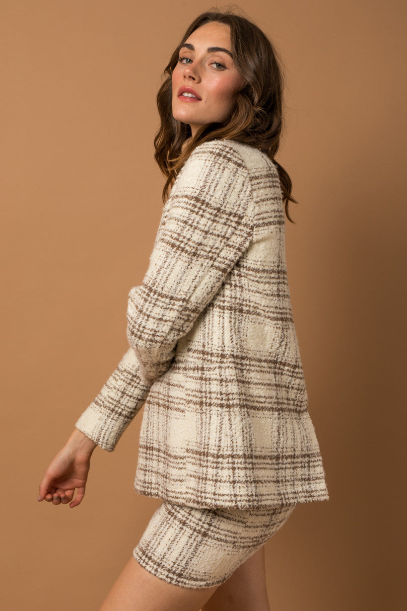 Cream-Brown Boucle Plaid Blazer w Skirt