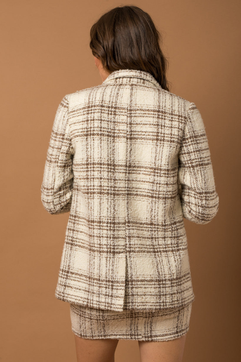 Cream-Brown Boucle Plaid Blazer w Skirt