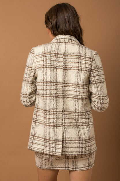 Cream-Brown Boucle Plaid Blazer