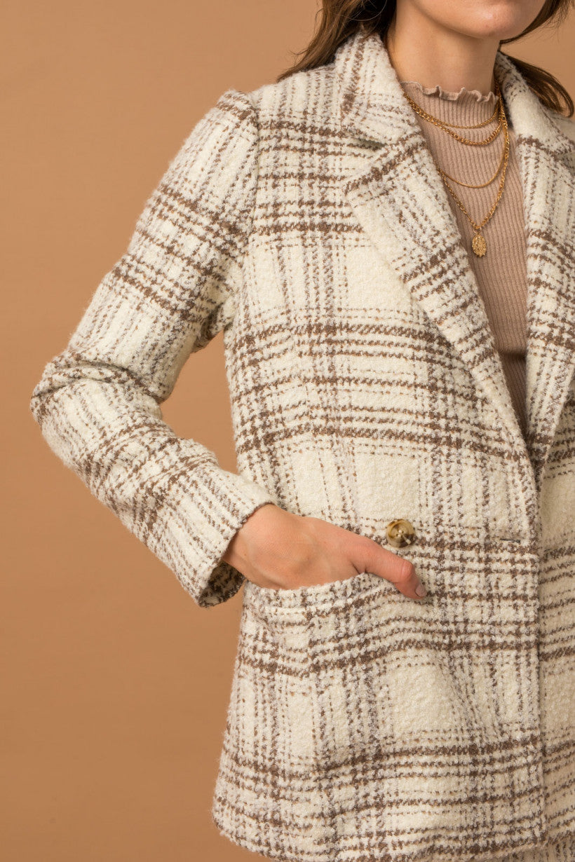 Cream-Brown Boucle Plaid Blazer w Skirt