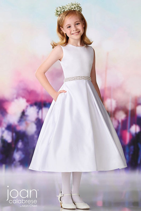 white satin communion dress Expressions Boutique NY, beaded waistband communion gown, bow back white communion dress, classic satin first communion dress Woodbury NY, elegant girls formal dress Long Island