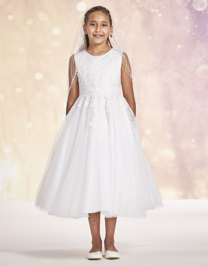 white beaded lace bodice communion dress Expressions Boutique NY, satin and tulle first communion gown, girls beaded white communion dress, elegant lace communion wear Long Island, boutique communion dresses Woodbury NY