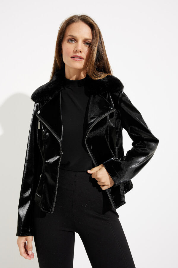 Black Faux Velvet Jacket with Detachable Faux Fur Collar