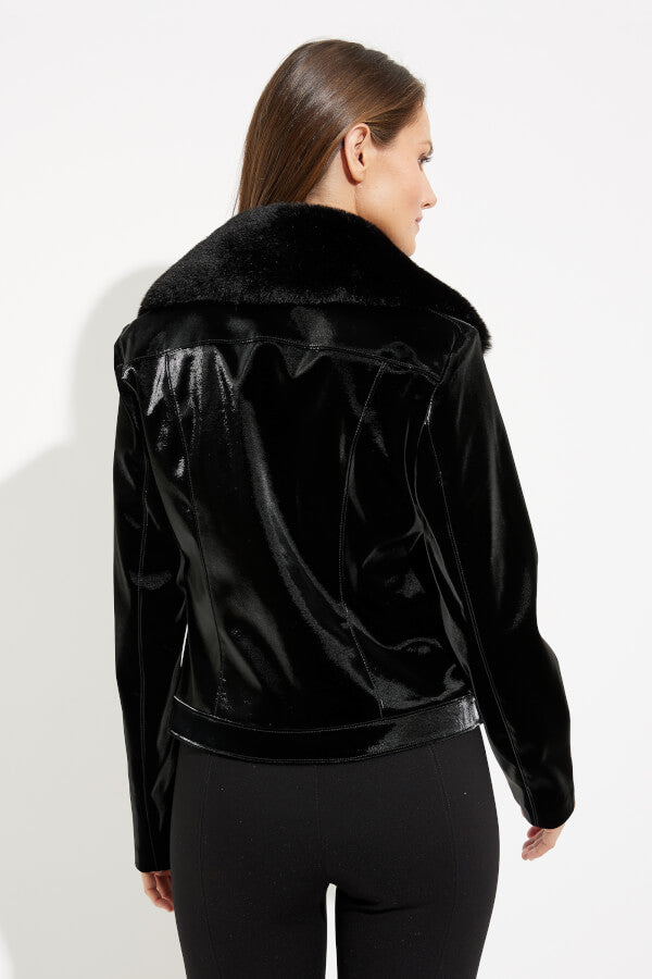 Black Faux Velvet Jacket with Detachable Faux Fur Collar