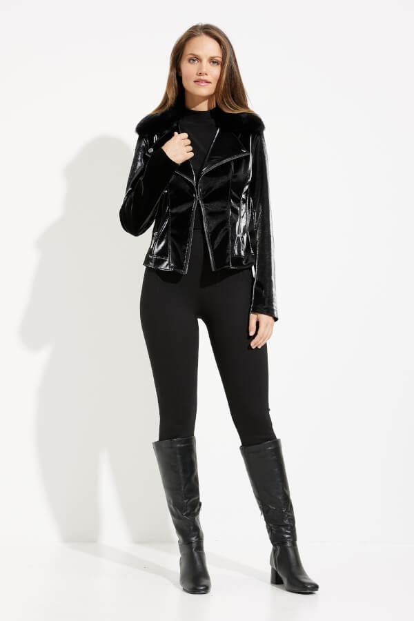 Black Faux Velvet Jacket with Detachable Faux Fur Collar