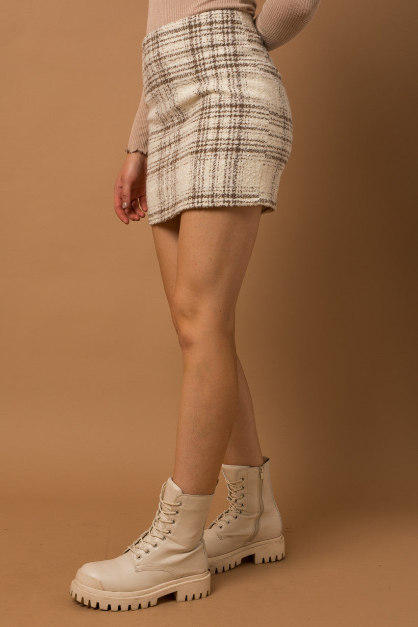 Cream-Brown Boucle Plaid Blazer w Skirt