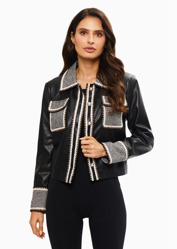 Black Vegan Leather Crop Jacket w Pearl Buttons