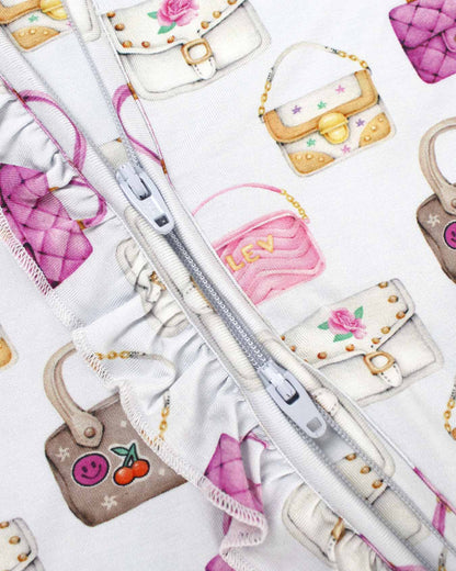 boutique baby bamboo footie Expressions Boutique NY, castle print ruffled zip baby sleeper, lavender floral baby onesie, soft bamboo footed pajamas, baby girl zippered sleeper breathable fabric