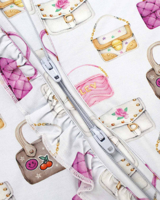 boutique baby bamboo footie Expressions Boutique NY, castle print ruffled zip baby sleeper, lavender floral baby onesie, soft bamboo footed pajamas, baby girl zippered sleeper breathable fabric