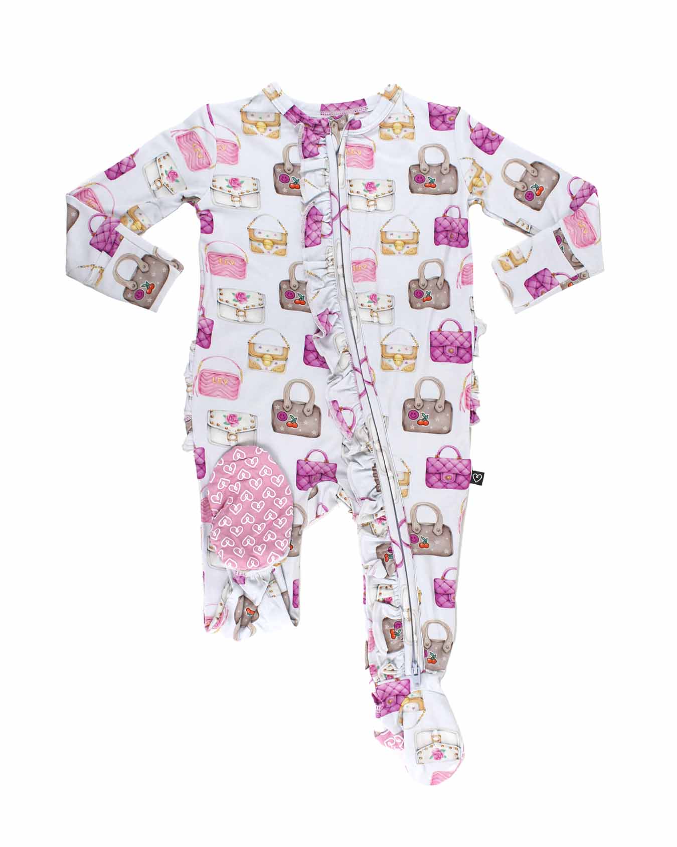 boutique baby bamboo footie Expressions Boutique NY, castle print ruffled zip baby sleeper, lavender floral baby onesie, soft bamboo footed pajamas, baby girl zippered sleeper breathable fabric