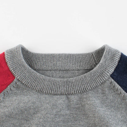 grey kids pullover top, colorblock toddler sweater, red blue sleeve sweatshirt, sporty kids long sleeve shirt, boutique toddler boys top, unisex kids pullover, casual toddler fall top, striped sleeve kids shirt, trendy colorblock sweater for children, everyday toddler wear