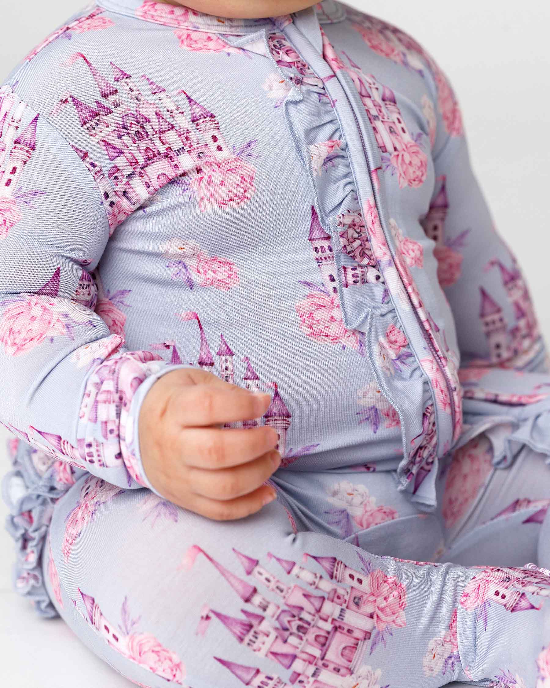 boutique baby bamboo footie Expressions Boutique NY, castle print ruffled zip baby sleeper, lavender floral baby onesie, soft bamboo footed pajamas, baby girl zippered sleeper breathable fabric