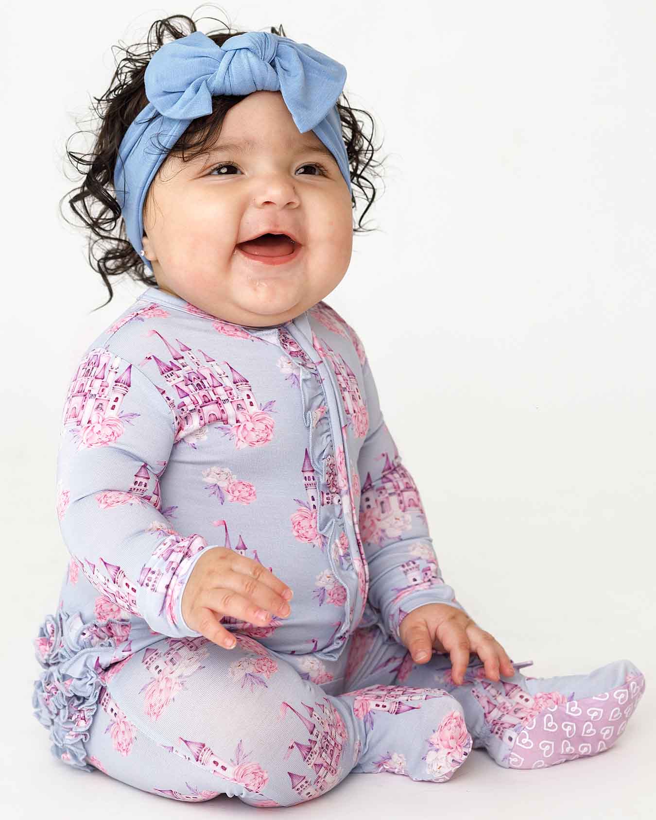 boutique baby bamboo footie Expressions Boutique NY, castle print ruffled zip baby sleeper, lavender floral baby onesie, soft bamboo footed pajamas, baby girl zippered sleeper breathable fabric