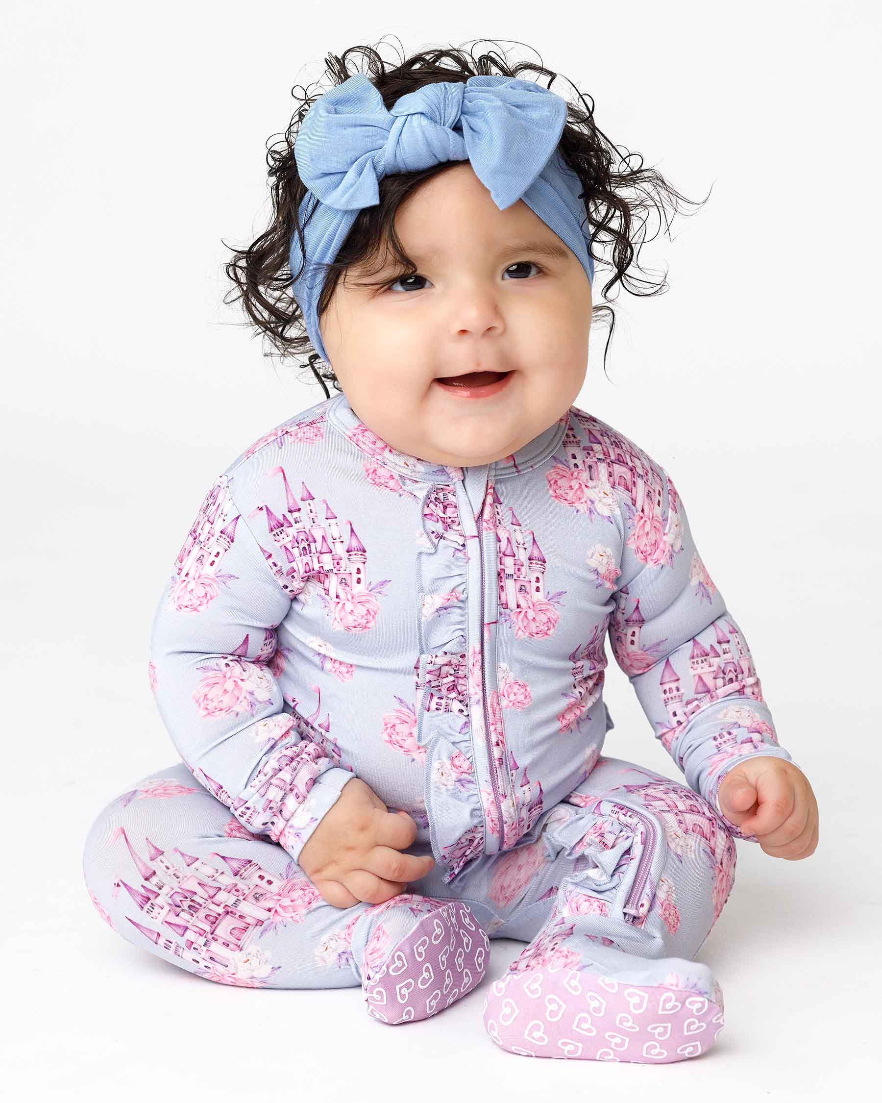 boutique baby bamboo footie Expressions Boutique NY, castle print ruffled zip baby sleeper, lavender floral baby onesie, soft bamboo footed pajamas, baby girl zippered sleeper breathable fabric