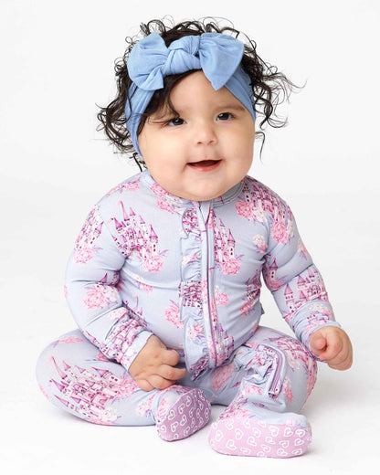boutique baby bamboo footie Expressions Boutique NY, castle print ruffled zip baby sleeper, lavender floral baby onesie, soft bamboo footed pajamas, baby girl zippered sleeper breathable fabric