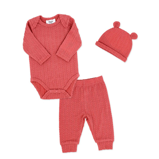baby girl 3 piece outfit set, newborn rose knit clothing, boutique infant outfit with hat, ribbed onesie and pant set, baby girl fall outfit, infant girl cozy knitwear, newborn take home outfit girl, boutique baby shower gift set, toddler girl rose pink clothing set, cute infant girl matching set