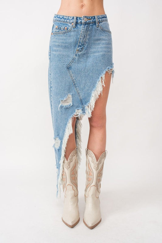 Unbalanced Destroyed Denim Maxi Skirt