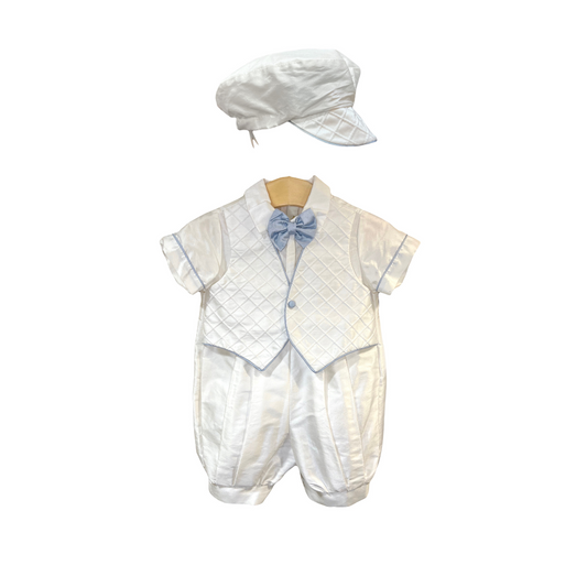 2pc Silk Romper with Blue Trim w Cabby Hat