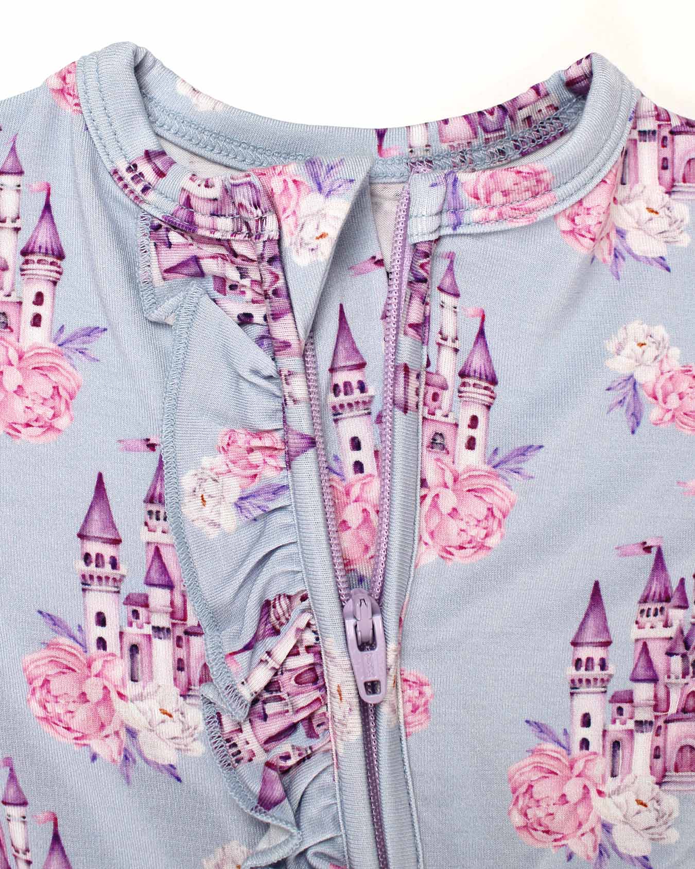 boutique baby bamboo footie Expressions Boutique NY, castle print ruffled zip baby sleeper, lavender floral baby onesie, soft bamboo footed pajamas, baby girl zippered sleeper breathable fabric