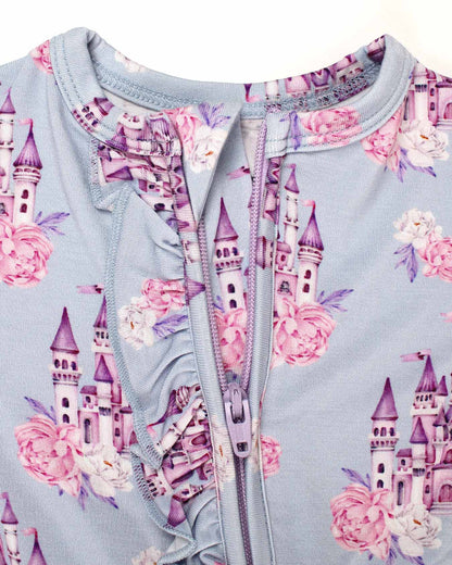 boutique baby bamboo footie Expressions Boutique NY, castle print ruffled zip baby sleeper, lavender floral baby onesie, soft bamboo footed pajamas, baby girl zippered sleeper breathable fabric