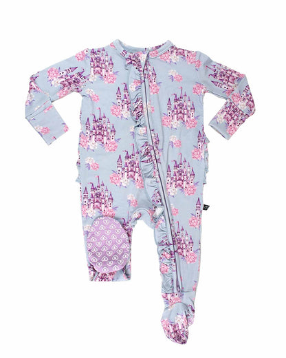 boutique baby bamboo footie Expressions Boutique NY, castle print ruffled zip baby sleeper, lavender floral baby onesie, soft bamboo footed pajamas, baby girl zippered sleeper breathable fabric
