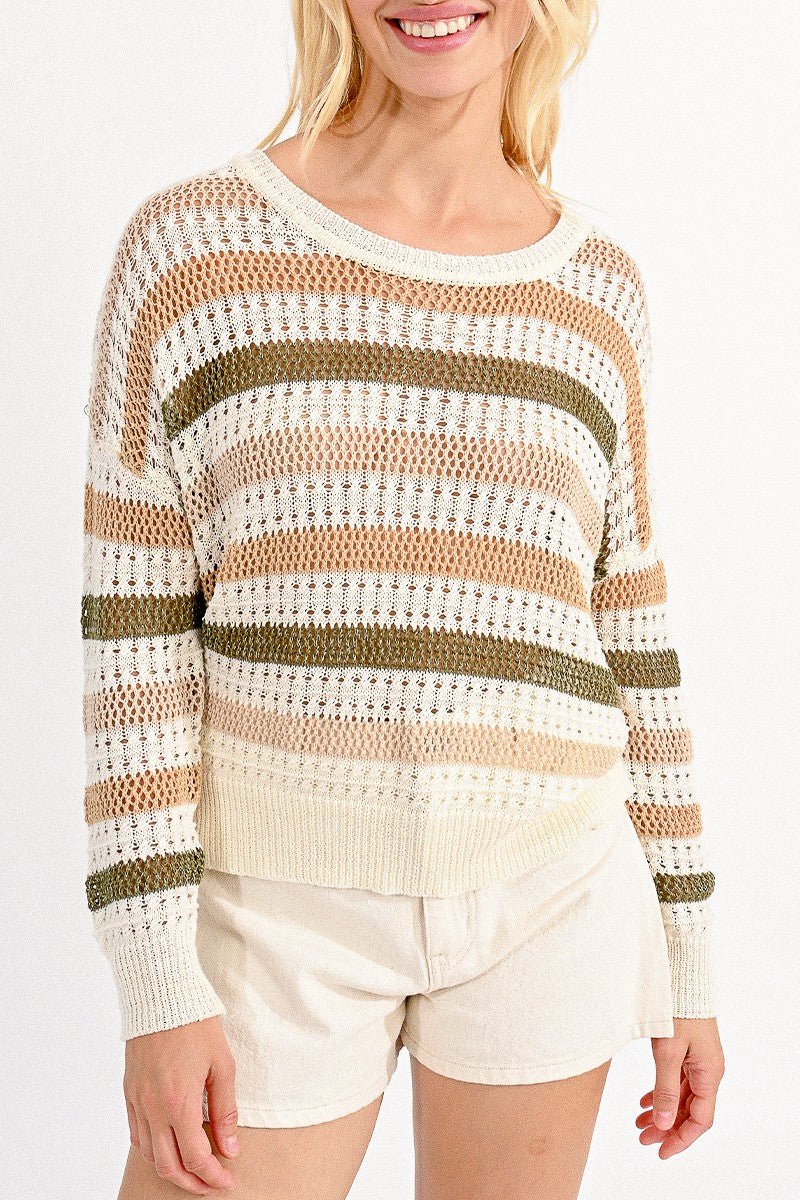 Off White w Khaki & Green Stripe Knit Top