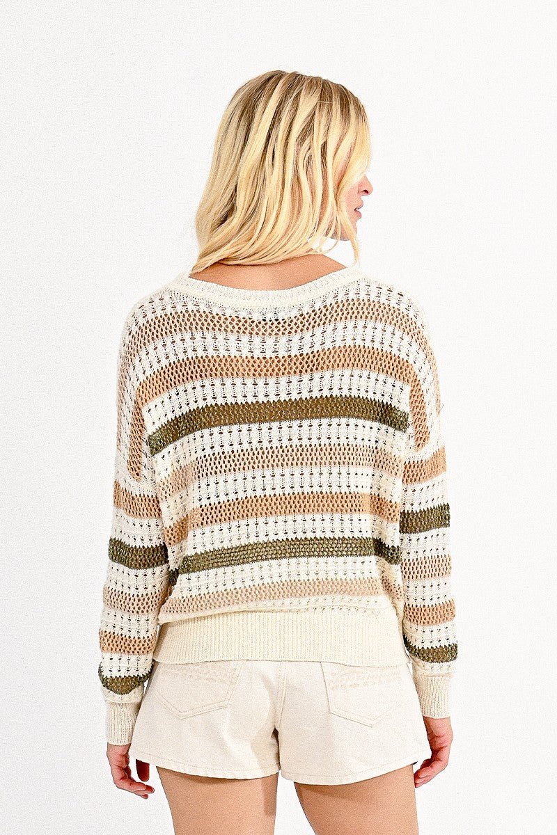 Off White w Khaki & Green Stripe Knit Top