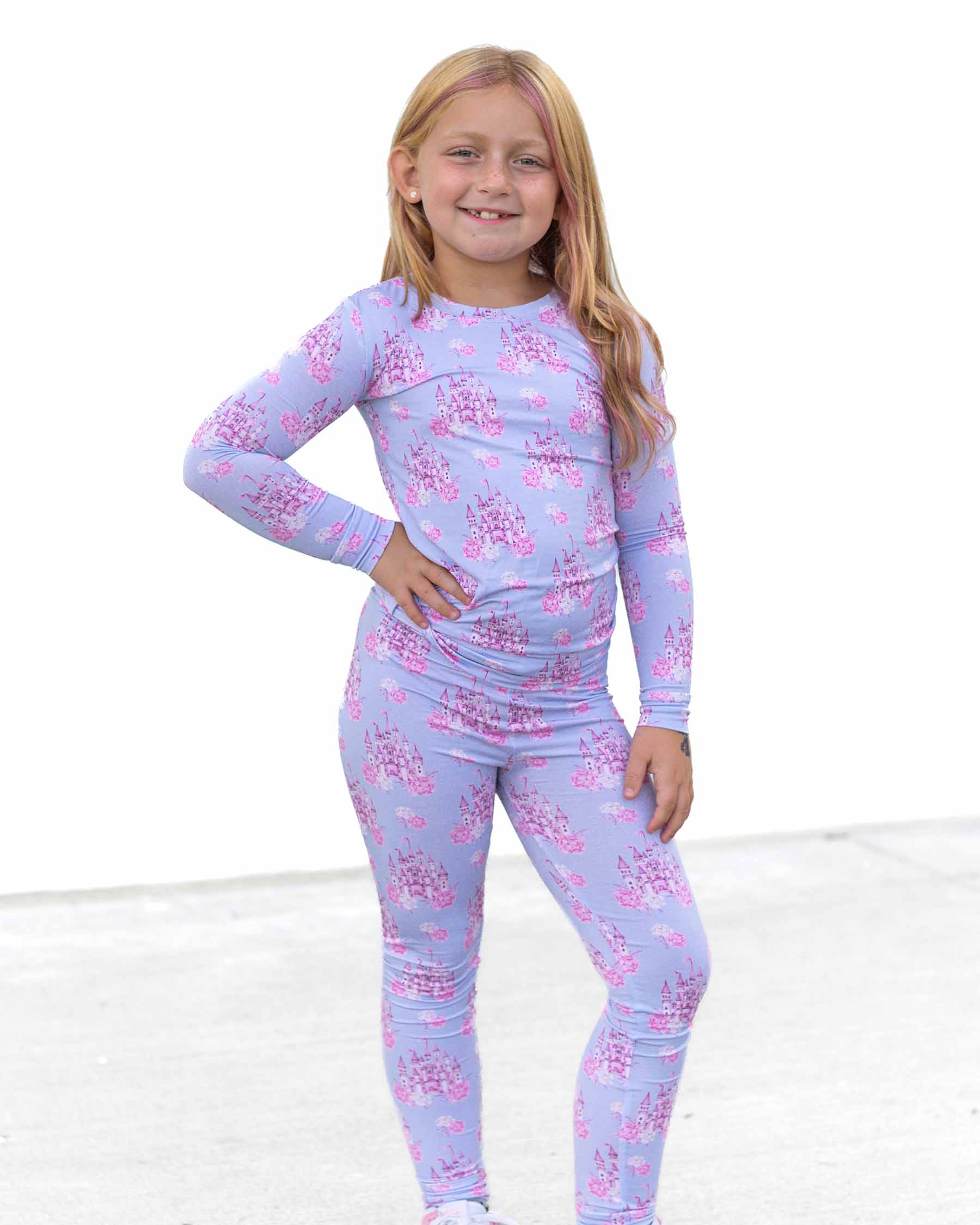 girls lounge set, castle pajamas, princess pajamas, fairytale toddler outfit, girls matching PJ set, boutique girls sleepwear, comfy girl loungewear, lavender castle print