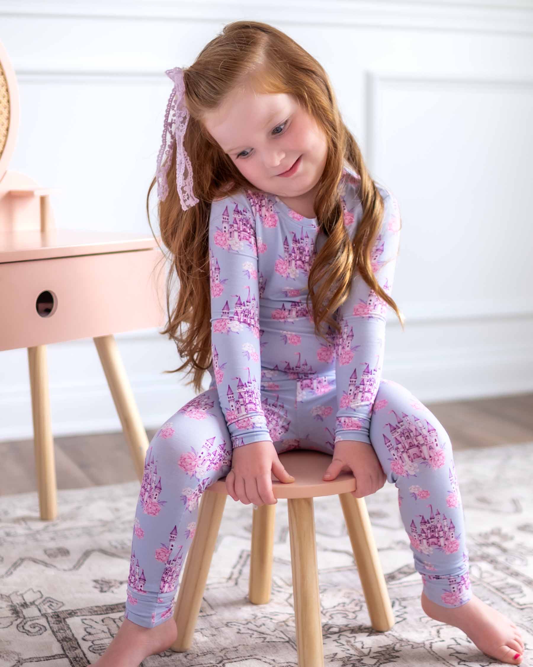 girls lounge set, castle pajamas, princess pajamas, fairytale toddler outfit, girls matching PJ set, boutique girls sleepwear, comfy girl loungewear, lavender castle print