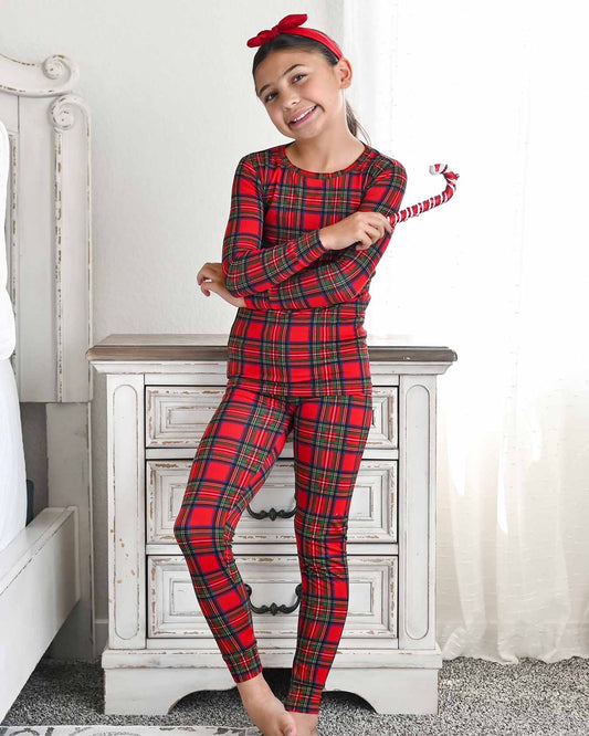 holiday plaid kids lounge set, toddler Christmas pajamas boutique, red plaid family matching set, kids Christmas plaid outfit, December holiday sleepwear for girls, boutique festive plaid pajamas, plaid long sleeve holiday set
