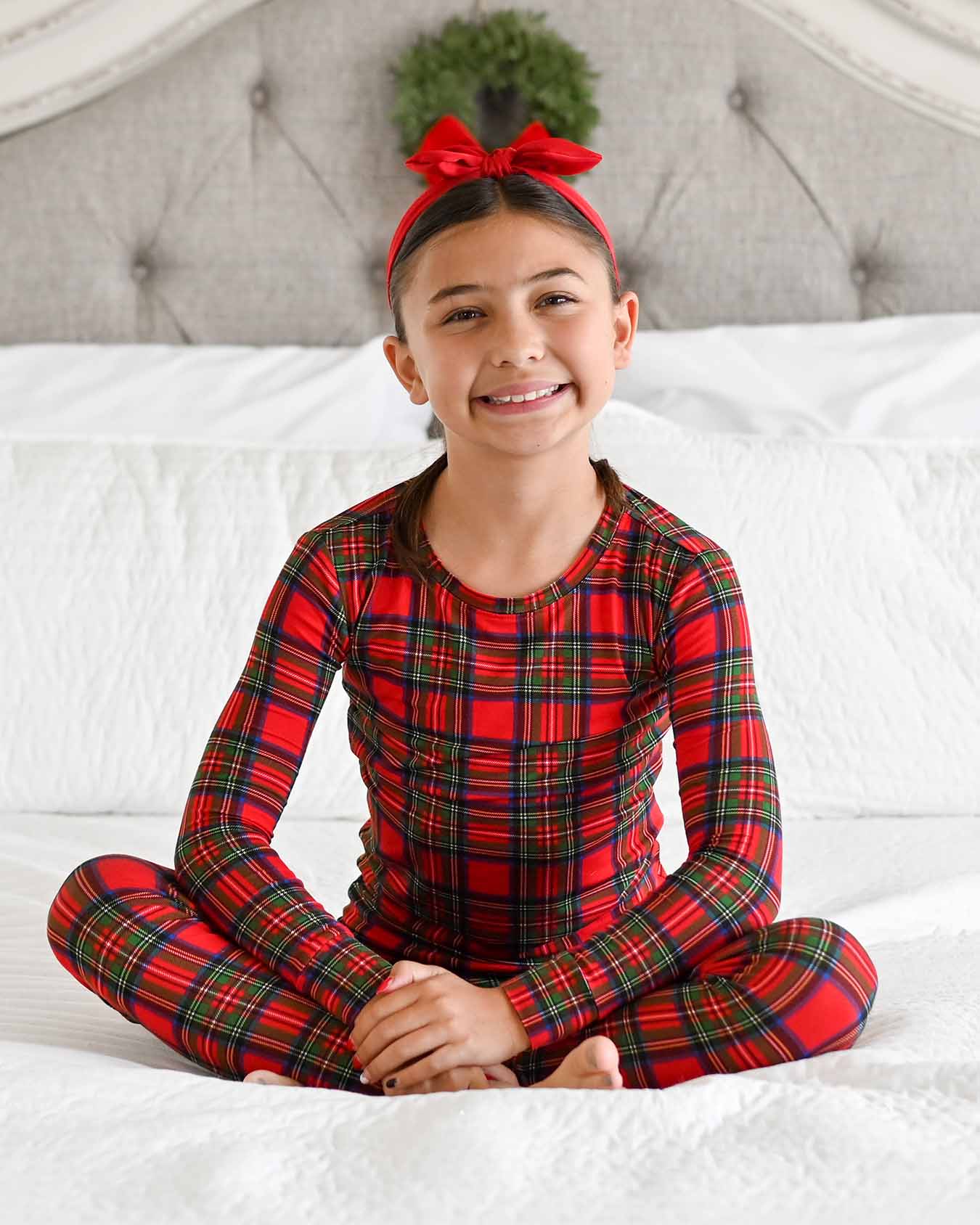 holiday plaid kids lounge set, toddler Christmas pajamas boutique, red plaid family matching set, kids Christmas plaid outfit, December holiday sleepwear for girls, boutique festive plaid pajamas, plaid long sleeve holiday set