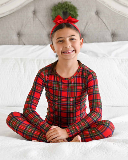 holiday plaid kids lounge set, toddler Christmas pajamas boutique, red plaid family matching set, kids Christmas plaid outfit, December holiday sleepwear for girls, boutique festive plaid pajamas, plaid long sleeve holiday set