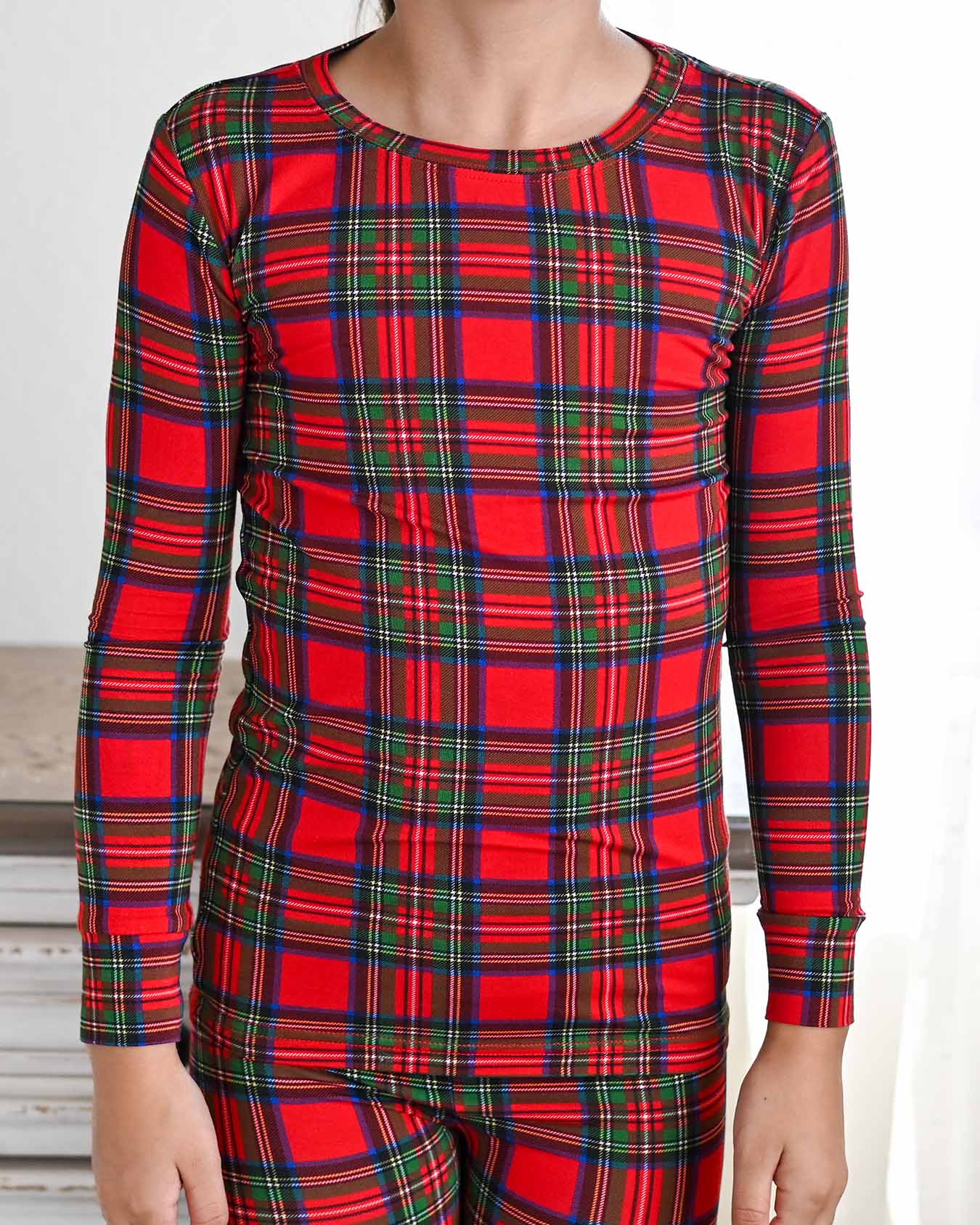 holiday plaid kids lounge set, toddler Christmas pajamas boutique, red plaid family matching set, kids Christmas plaid outfit, December holiday sleepwear for girls, boutique festive plaid pajamas, plaid long sleeve holiday set
