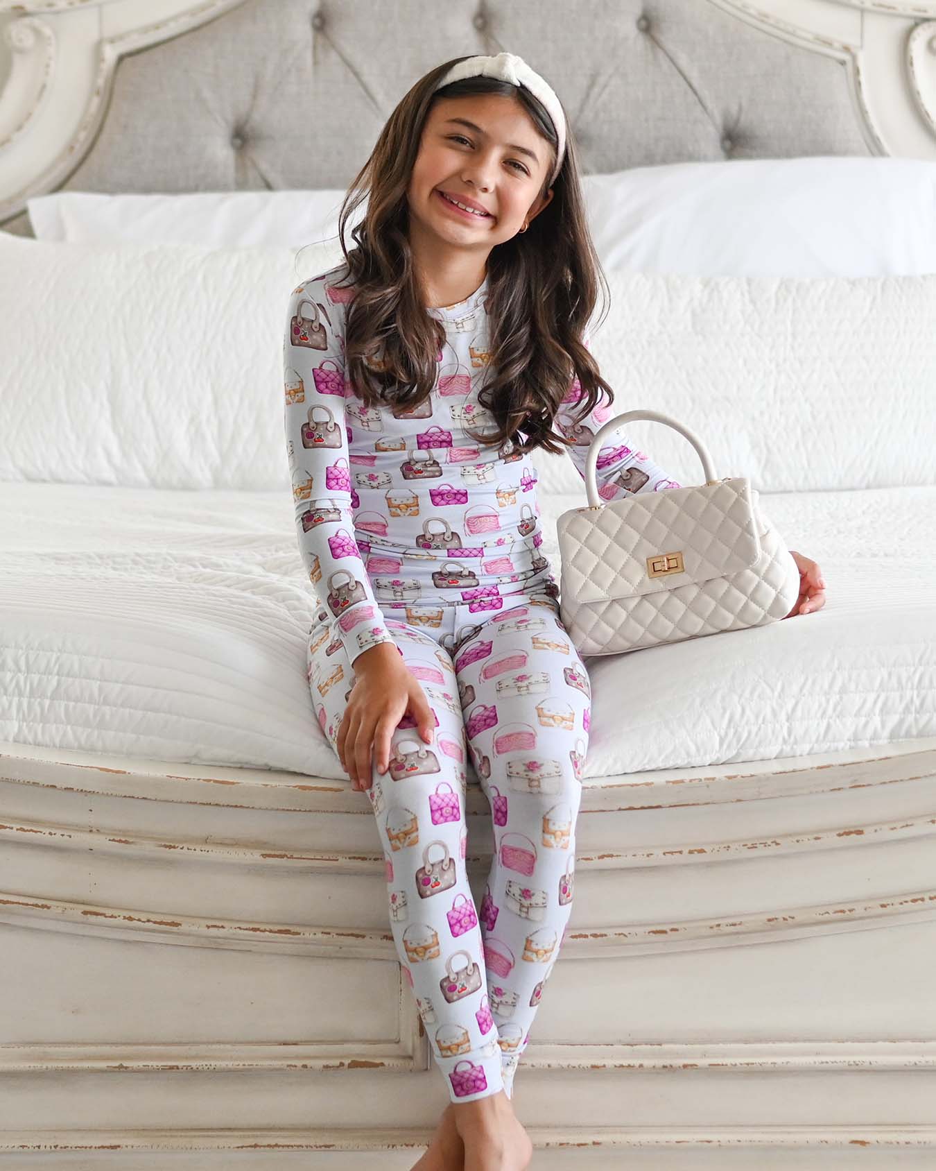 boutique girls lounge set Expressions Boutique NY, handbag print toddler pajama set, cute kids loungewear outfit, soft stretchy two-piece lounge set, girls pastel pajama outfit breathable