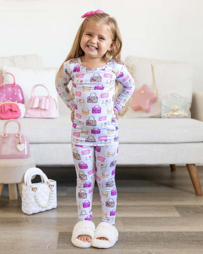 boutique girls lounge set Expressions Boutique NY, handbag print toddler pajama set, cute kids loungewear outfit, soft stretchy two-piece lounge set, girls pastel pajama outfit breathable