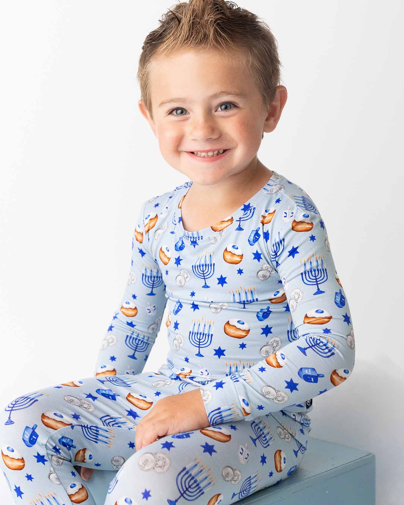 kids Hanukkah pajamas, toddler Hanukkah lounge set, boutique holiday pjs, blue menorah pajama set, boys Hanukkah sleepwear, girls Hanukkah loungewear, children’s festival pajamas, Zohar Hanukkah kids set, holiday toddler 2pc pajamas, Expressions Boutique NY, Woodbury kids boutique