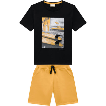2pc Black Surfboard Tee w Gold Shorts