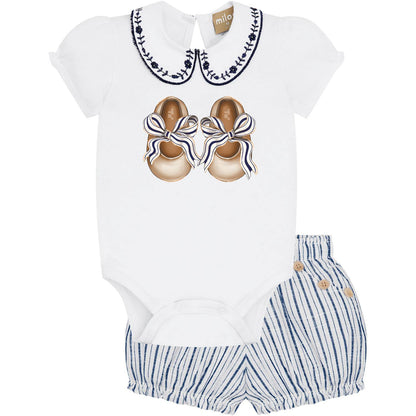 2pc White w Navy Onesie w Stripe Shorts