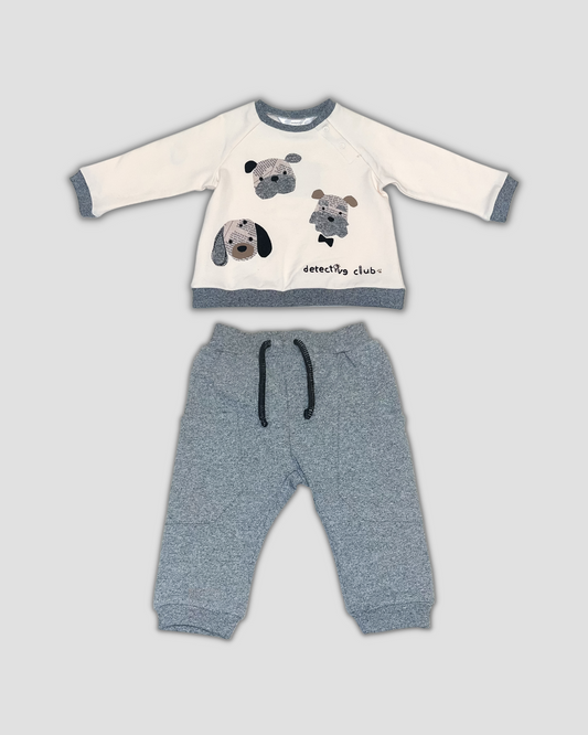 2pc Cream & Grey Puppies Set