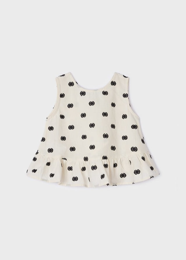 Natural/Black Dot Top w Ruffle Split Back