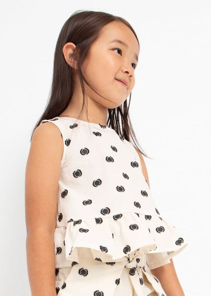 Natural/Black Dot Top w Ruffle Split Back