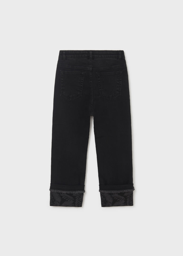 Cropped Black Feather Cuffed Denim Pant