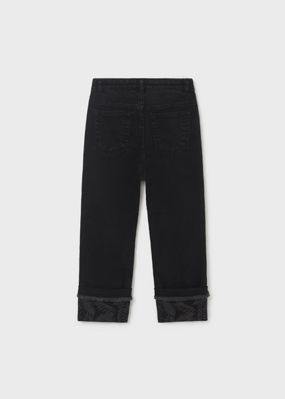 Cropped Black Feather Cuffed Denim Pant