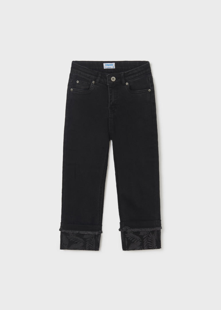 Cropped Black Feather Cuffed Denim Pant