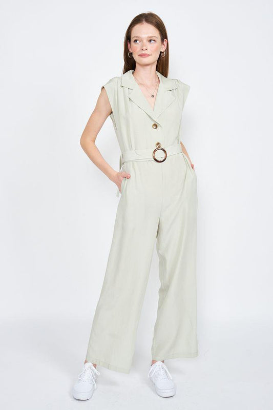 Sage Sleeveless Collared Jumpsuit