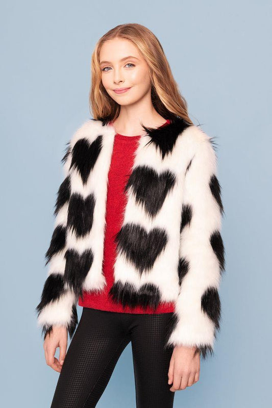 White Faux Fur Jacket with Black Hearts