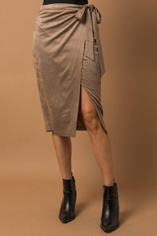 Tan Suede Wrap Midi Skirt